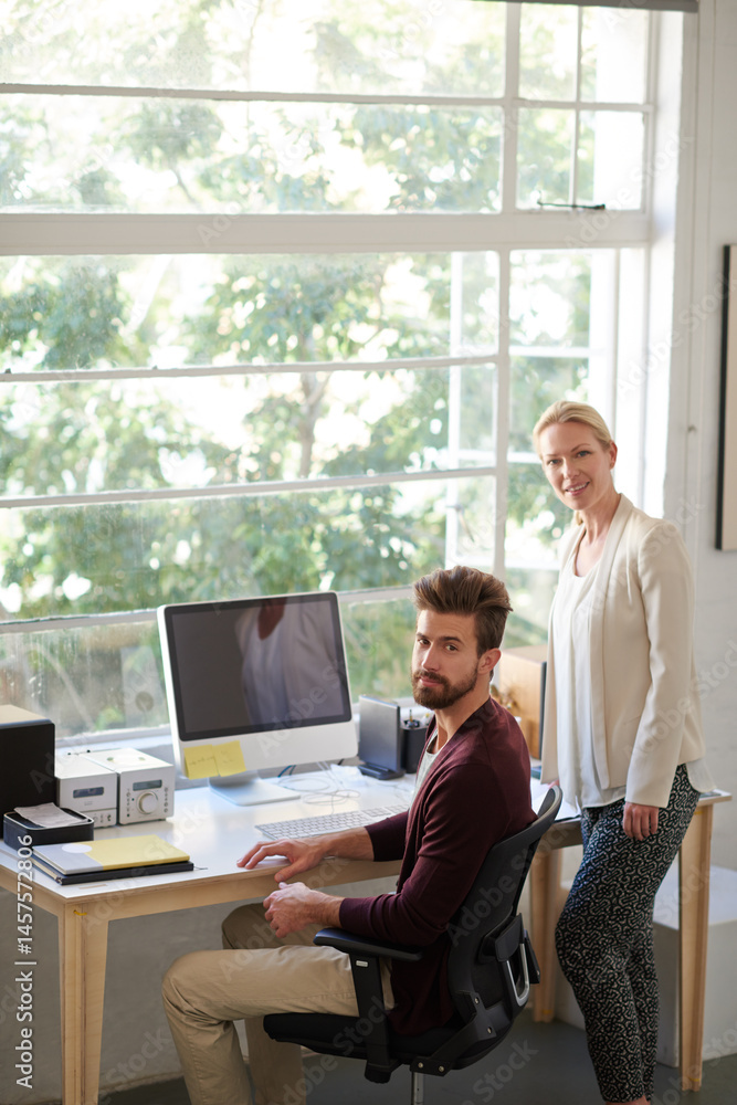 Poster portrait, man and partner on computer in office for research, planning and ideas as web designer wit