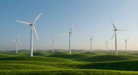 Fototapeta premium A serene landscape featuring wind turbines on rolling green hills under a clear blue sky, captured in ultra-realistic detail with natural lighting