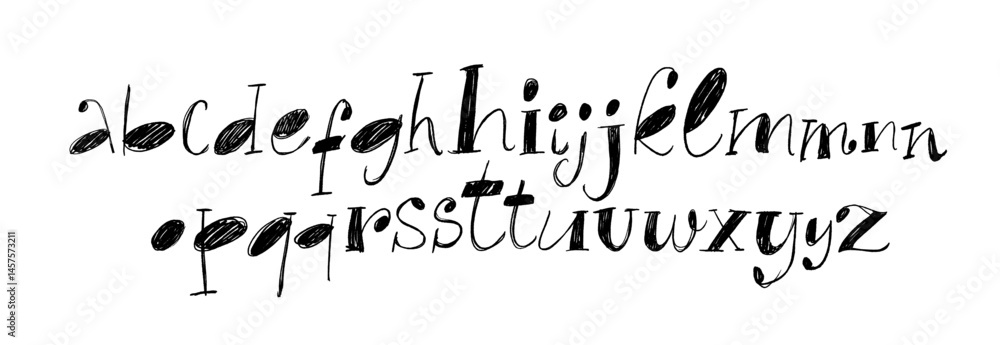 Aufkleber Crayon drawn serif font with scribbles. Hand drawn childish alphabet letters in retro or vintage style.