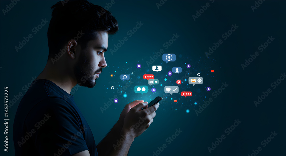Poster profile of man using smartphone with floating speech bubbles on dark blue background for social medi