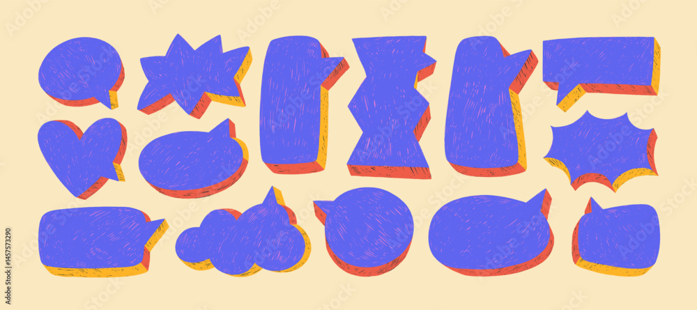 Poster colorful crayon drawn three-dimensional speech bubbles. hand drawn vector funky talk balloons. viole