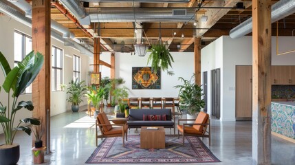 Fototapeta premium Bohemian modern open space boasts exposed beams Moroccan tile plants. Natural light streams in logos are implied.