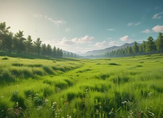 Bright, saturated green meadow, abundant plants , landscape, growth