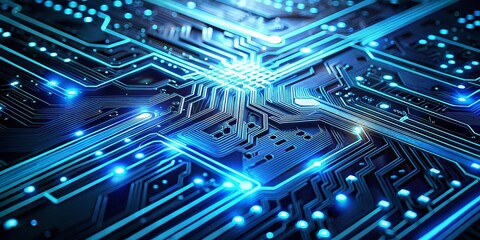 Obraz premium Abstract Blue Glowing Circuit Board: Futuristic Tech Interface Background Low Light Stock Photo