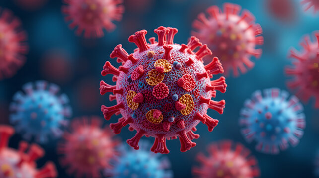 A highly detailed isometric 3D rendering of measles virus particles, displaying their microscopic structure in vibrant colors.