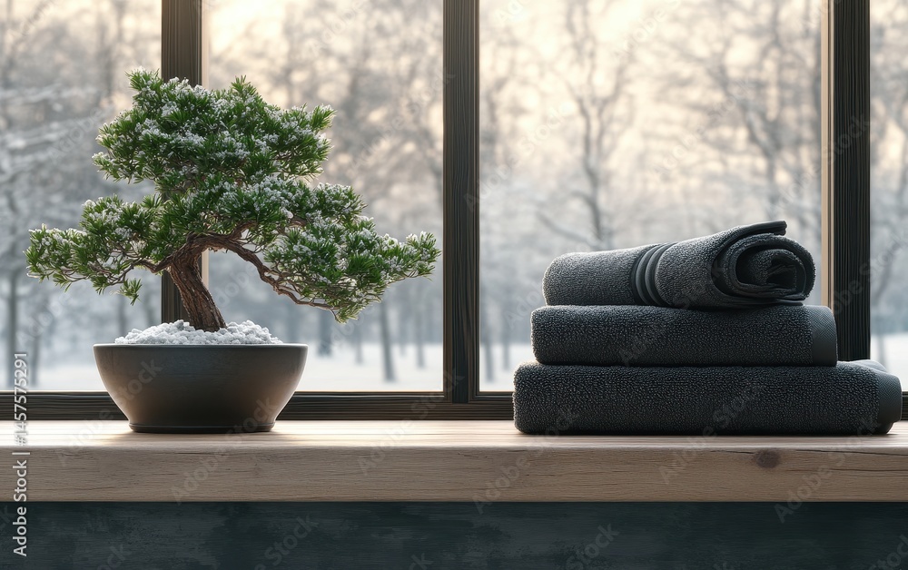 Poster a winter's day scene with a bonsai tree and towels. a small bonsai tree sits on a windowsill, next t