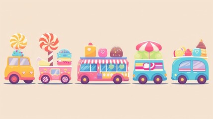 Naklejka premium Candy themed transportation cute flat design vehicles made of sweets with simple backgrounds and cute character designs.