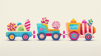 Naklejka premium Candy themed transportation featuring a flat design sweet train cute characters and simple details on a plain background.