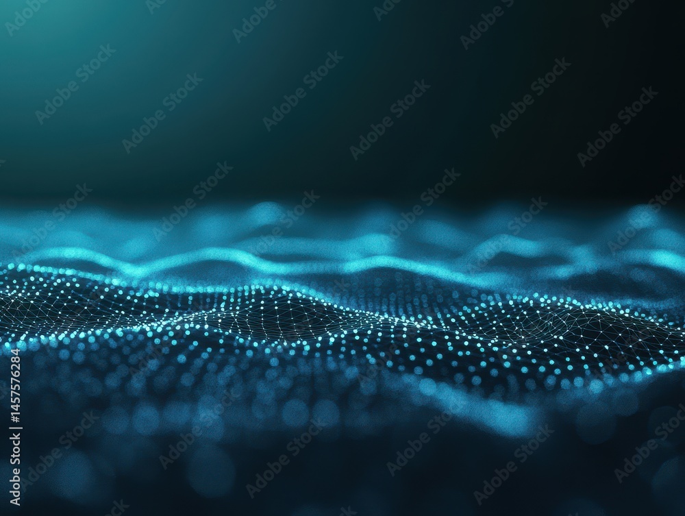 Poster abstract digital landscape of interconnected glowing points forming undulating waves on a dark backg