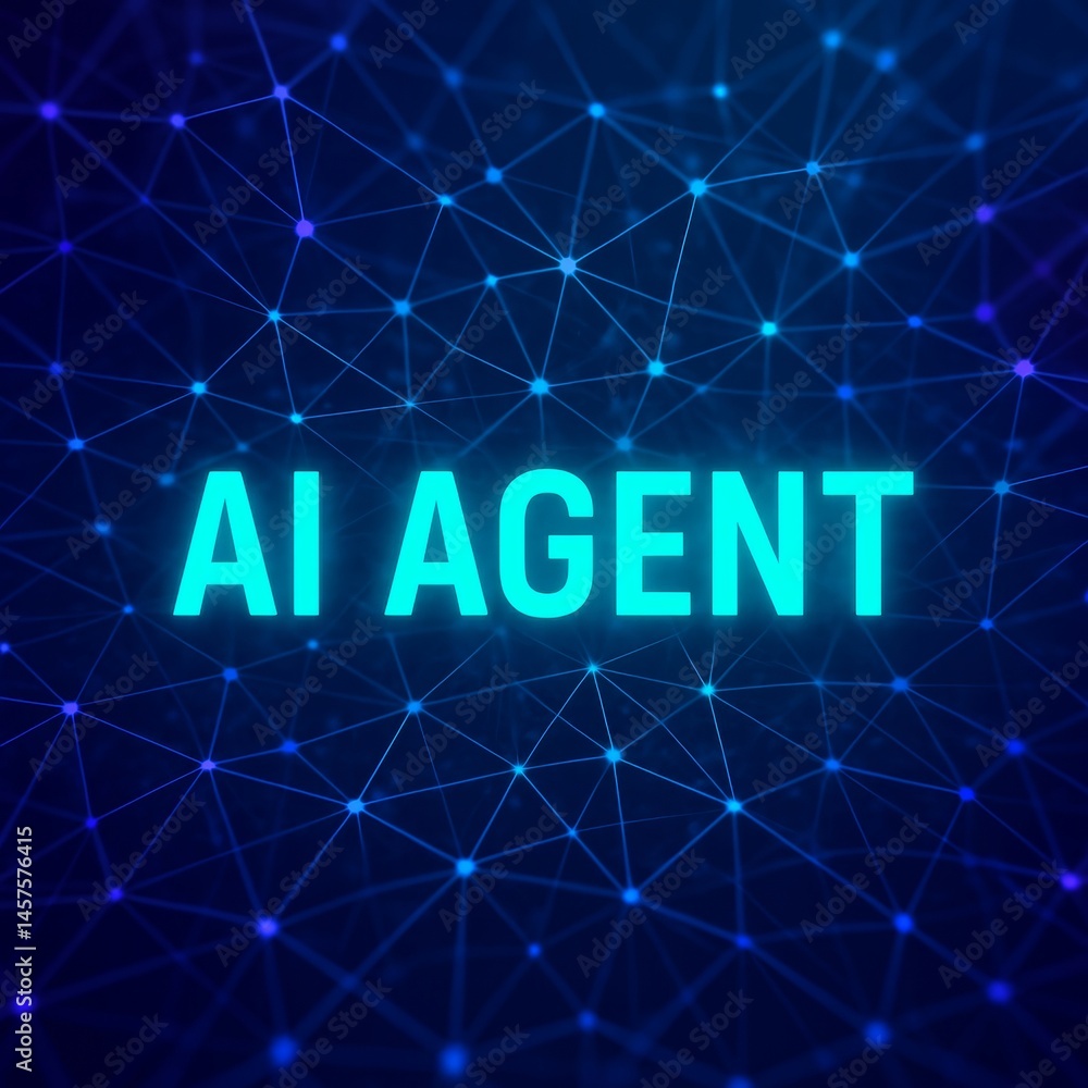 Aufkleber glowing ai agent inscription appearing on a complex network of interconnected nodes, symbolizing the