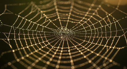 Obraz premium Dew-Kissed Spiderweb: A Golden Hour Macro Photograph