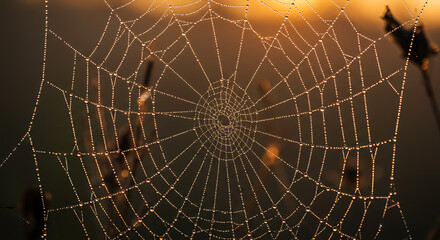 Fototapeta premium Dew-Kissed Spiderweb: A Golden Hour Masterpiece