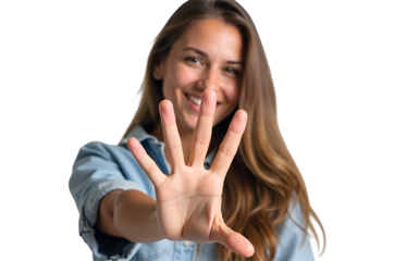 Excited Smiling Woman Showing Hands to the Camera – Joyful Energy, Positive Emotion, and Friendly Expression for Social Media, Communication, or Marketing Concepts.
