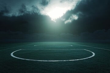 Empty soccer field under a stormy sky, bathed in ethereal light.  Dark clouds obscure much of the scene