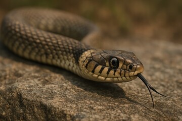 Obraz premium Coiled snake on rock surface.