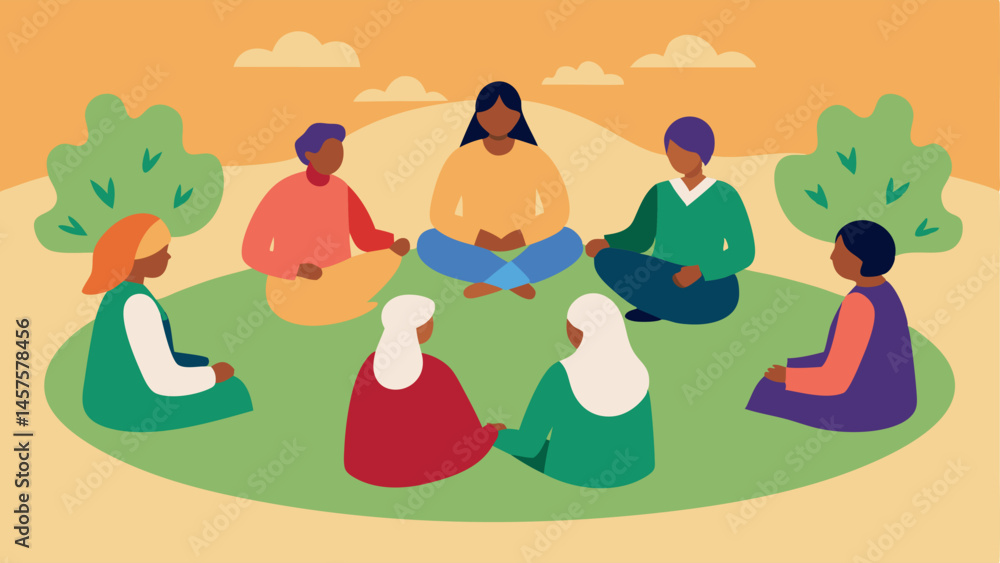 Poster community gathering a group of villagers sitting in a circle discussing their problems surrounded by