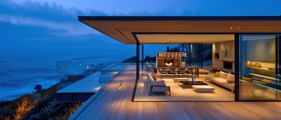 Fototapeta premium Contemporary beach house open floor plan, full-width sliding glass walls frame coastal views, minimal interior divisions, natural materials watermark.