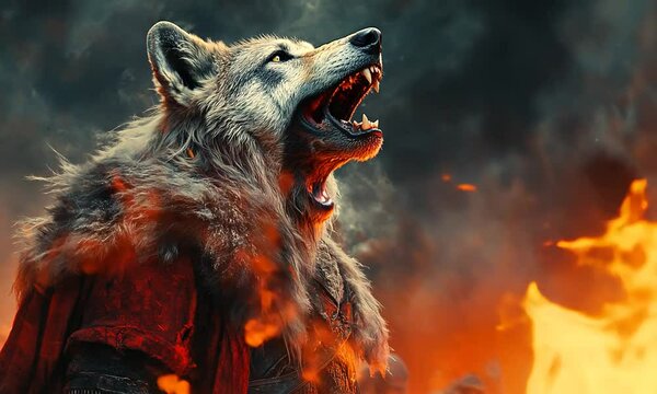 Fierce wolf creature howling amidst flames in a dramatic fantasy landscape