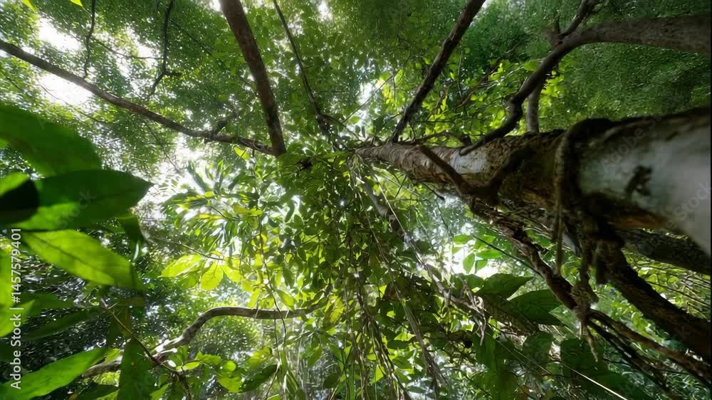 Poster ascending perspective captures a tall tree with dense green foliage and hanging vines in a vibrant f