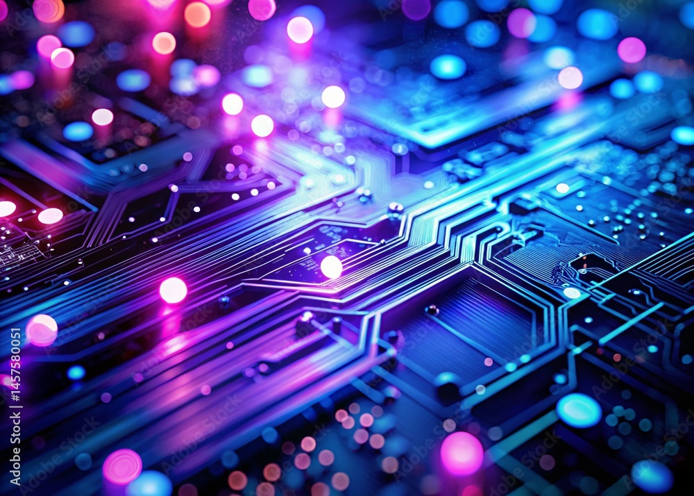 Poster abstract glowing circuit board background with light trails and bokeh