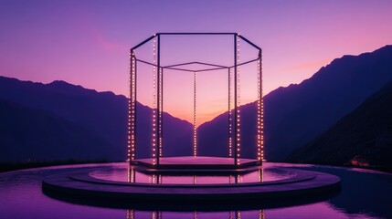 Octagonal stage structure, lit with warm lights,  set amidst mountains at sunset.  Reflecting in a pool