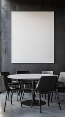 Fototapeta premium White Canvas, Round Table, and Black Chairs in Minimalist Interior