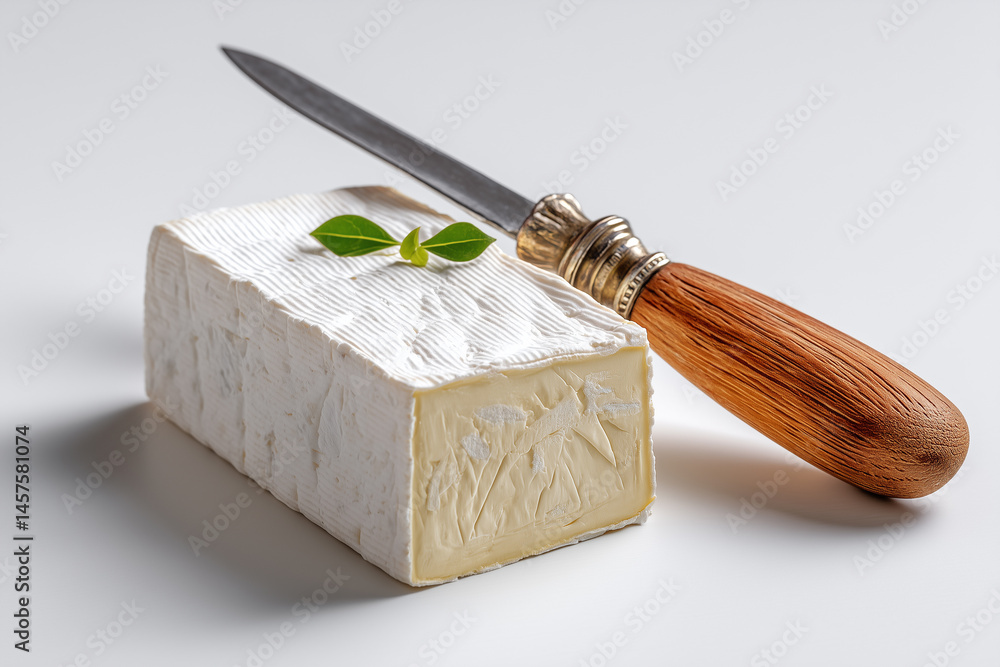 Poster soft cheese block displaying knife marks sits against a white background. minimalist style showcases