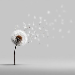 Dandelion Seeds Gently Blowing in the Wind on Gray Background