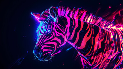 Dazzling neon zebra shining brightly on black background image. [Neon Beasts] | Electric Mane | shock lion. Illustration