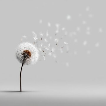 Dandelion Seeds Gently Blowing in the Wind on Gray Background