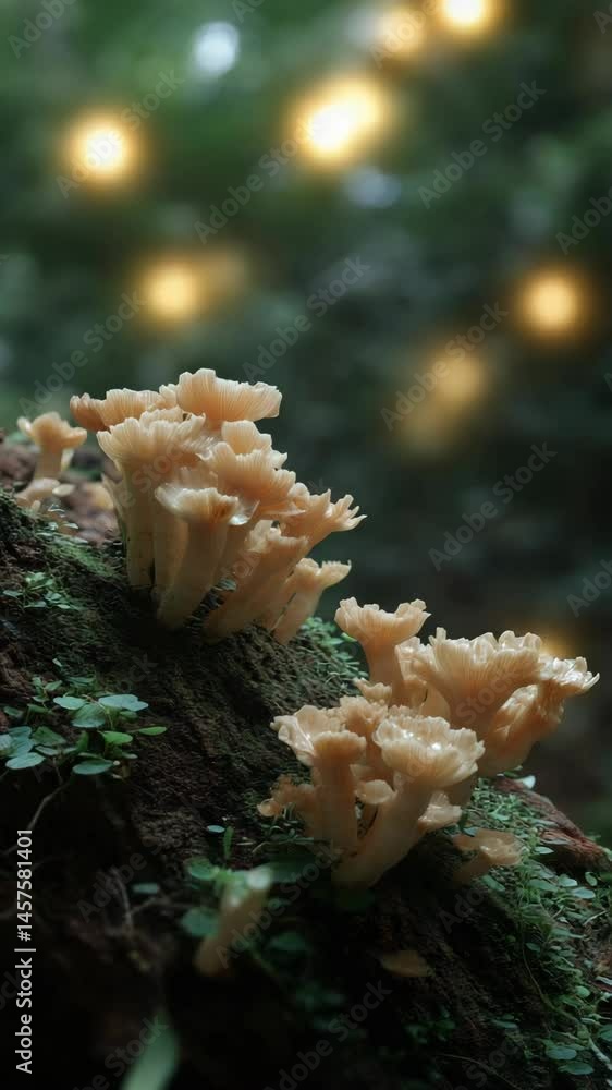 Poster close-up of oyster mushrooms and moss growing on a log in a dark forest with glowing lights in backg