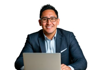 Young man working on a laptop on a transparent background