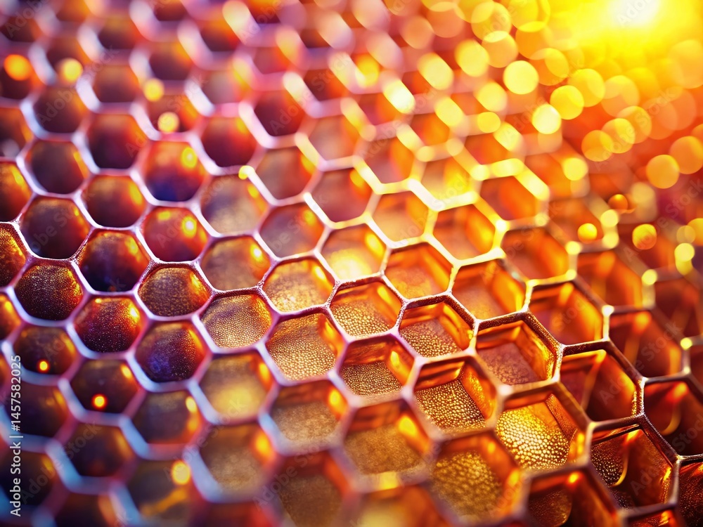 Poster abstract honeycomb pattern background with bokeh lights, dynamic geometric design, golden hour