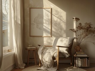 A chair with a blanket on it is in front of a window. A framed picture is on the wall behind the chair
