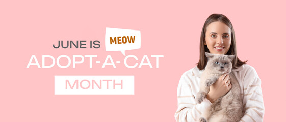 Young woman with cute British Shorthair cat on pink background