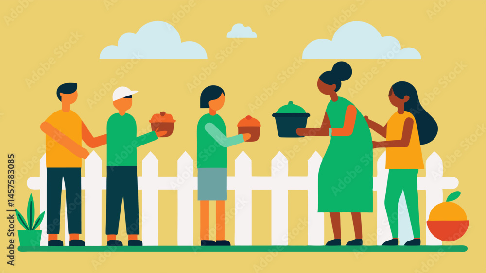 Poster community help neighbors sharing food items over a fence reinforcing the connection and shared resou