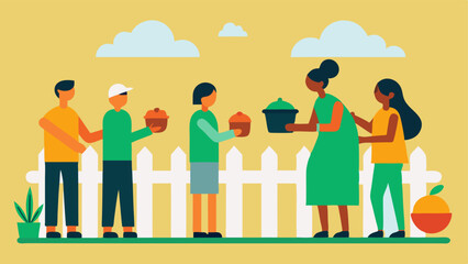 Community Help Neighbors sharing food items over a fence reinforcing the connection and shared resources a those facing food insecurity.