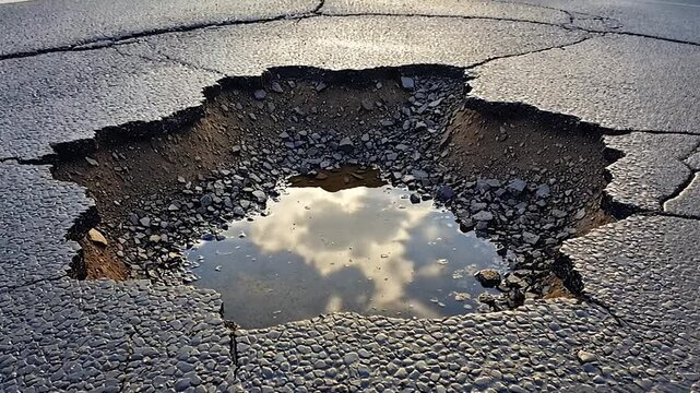 Asphalt road pothole reflecting sky clouds