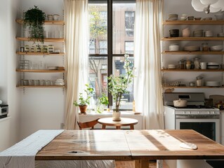 Fototapeta premium A kitchen with a table and a window. The table is wooden and has a white cloth on it. There are many dishes and cups on the shelves