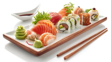 An inviting display of diverse sushi and sashimi on a rectangular plate