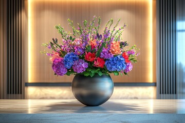 A modern hotel reception desk with a large vase colorful flowers.