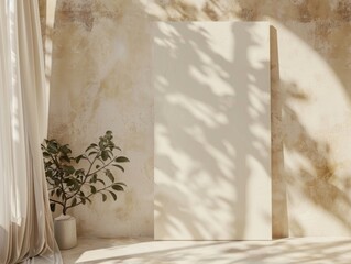 A white framed picture is on a wall. A plant is next to the picture. The plant is a small tree