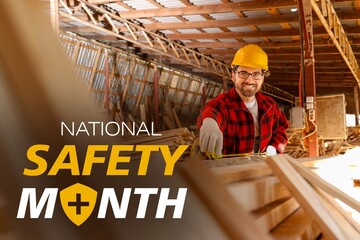 Male carpenter measuring wooden plank at sawmill. National Safety Month