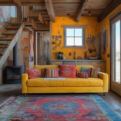 Rustic cabin living room, yellow sofa, southwest decor, open plan
