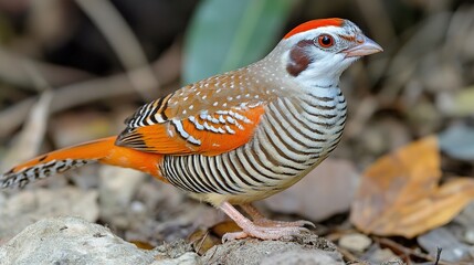 Obraz premium Small bird with vibrant orange and brown plumage, perched on the ground amidst foliage