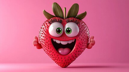 Obraz premium Animated strawberry with googly eyes, thumbs up, & big grin. Pink background