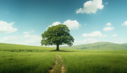 A serene and vivid countryside view with a single old oak tree in a lush field, surrounded by hills and a blue sky with soft summer clouds.