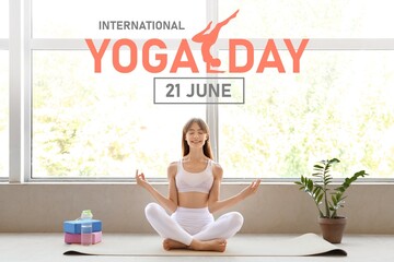 Sporty young woman meditating at home in morning. Poster for International Yoga Day