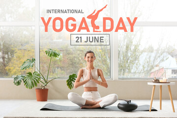 Young woman meditating near window at home