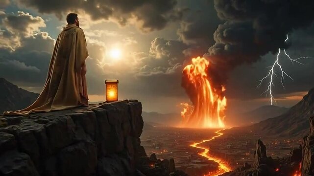 Prophet Overlooking a Fiery Apocalypse: Dramatic Scene of Divine Revelation